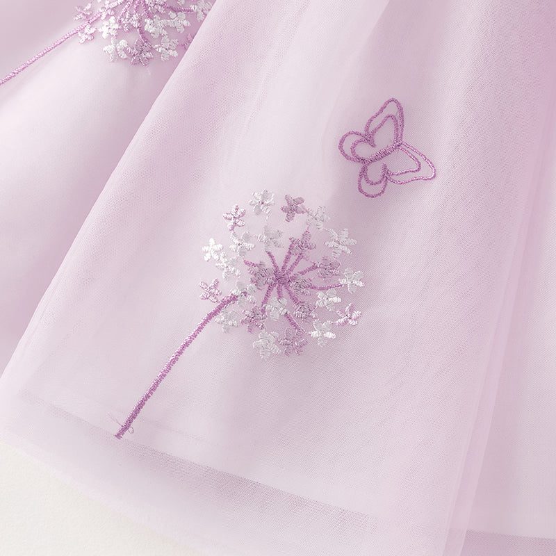 فستان بنات طويل الأكمام من قماش محبوك باللون البنفسجي الفاتح مع تنورة تول بأسلوب أميرة