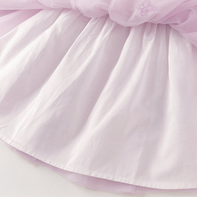 فستان بنات طويل الأكمام من قماش محبوك باللون البنفسجي الفاتح مع تنورة تول بأسلوب أميرة