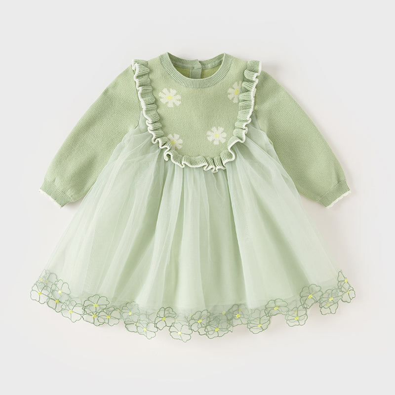 فستان بنات طويل الأكمام من قماش محبوك باللون أخضر فاصولياء مع تنورة تول بأسلوب أميرة أنيق