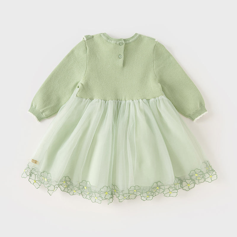 فستان بنات طويل الأكمام من قماش محبوك باللون أخضر فاصولياء مع تنورة تول بأسلوب أميرة أنيق