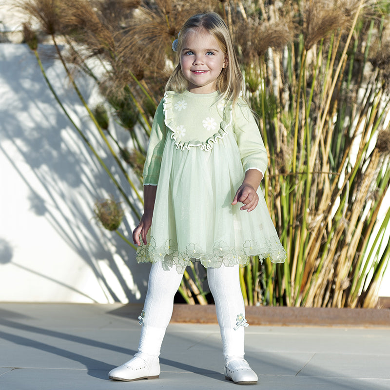 فستان بنات طويل الأكمام من قماش محبوك باللون أخضر فاصولياء مع تنورة تول بأسلوب أميرة أنيق