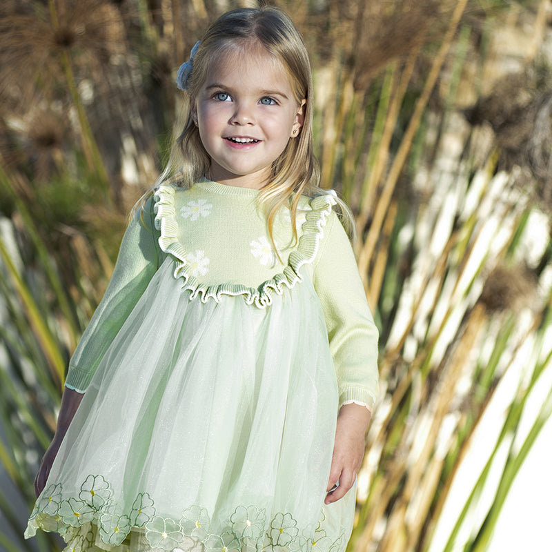 فستان بنات طويل الأكمام من قماش محبوك باللون أخضر فاصولياء مع تنورة تول بأسلوب أميرة أنيق