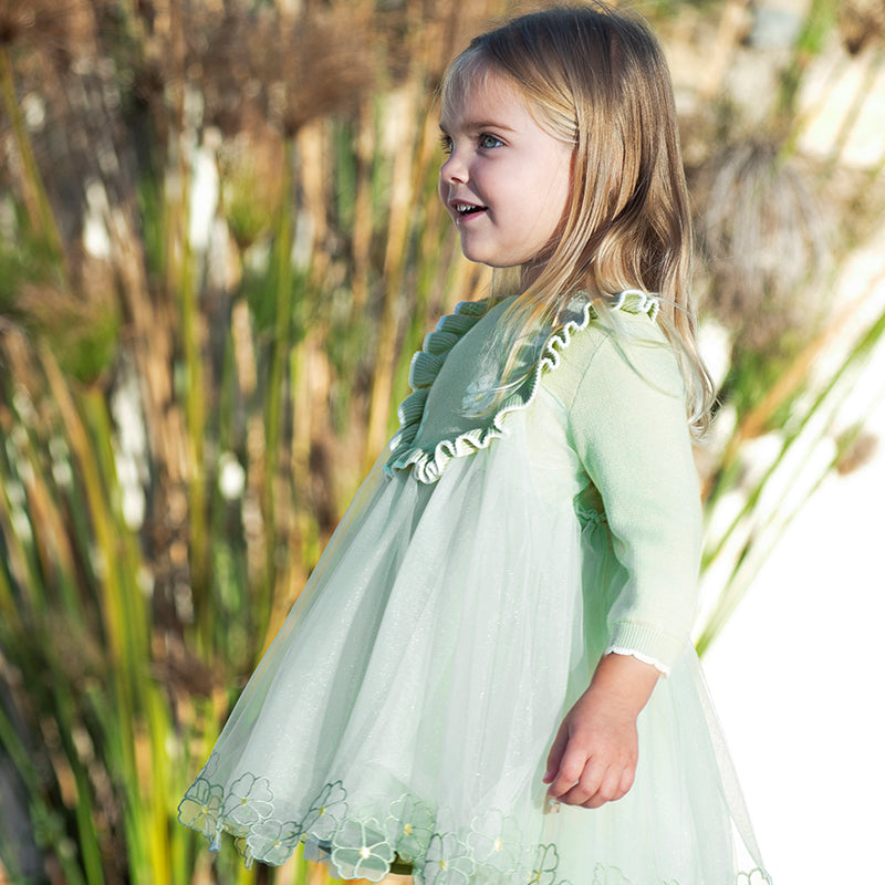 فستان بنات طويل الأكمام من قماش محبوك باللون أخضر فاصولياء مع تنورة تول بأسلوب أميرة أنيق