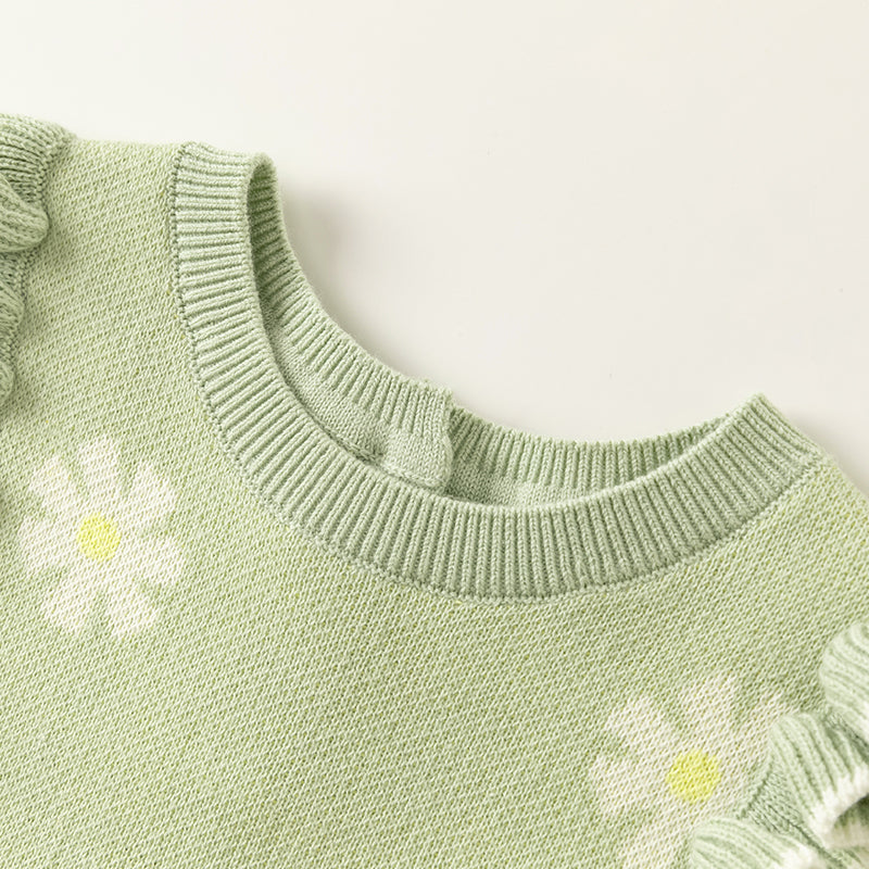 فستان بنات طويل الأكمام من قماش محبوك باللون أخضر فاصولياء مع تنورة تول بأسلوب أميرة أنيق