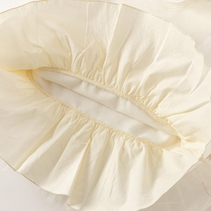 فستان بنات طويل الأكمام من قماش محبوك باللون البيج مع تنورة تول بأسلوب أميرة، أسلوب غير رسمي