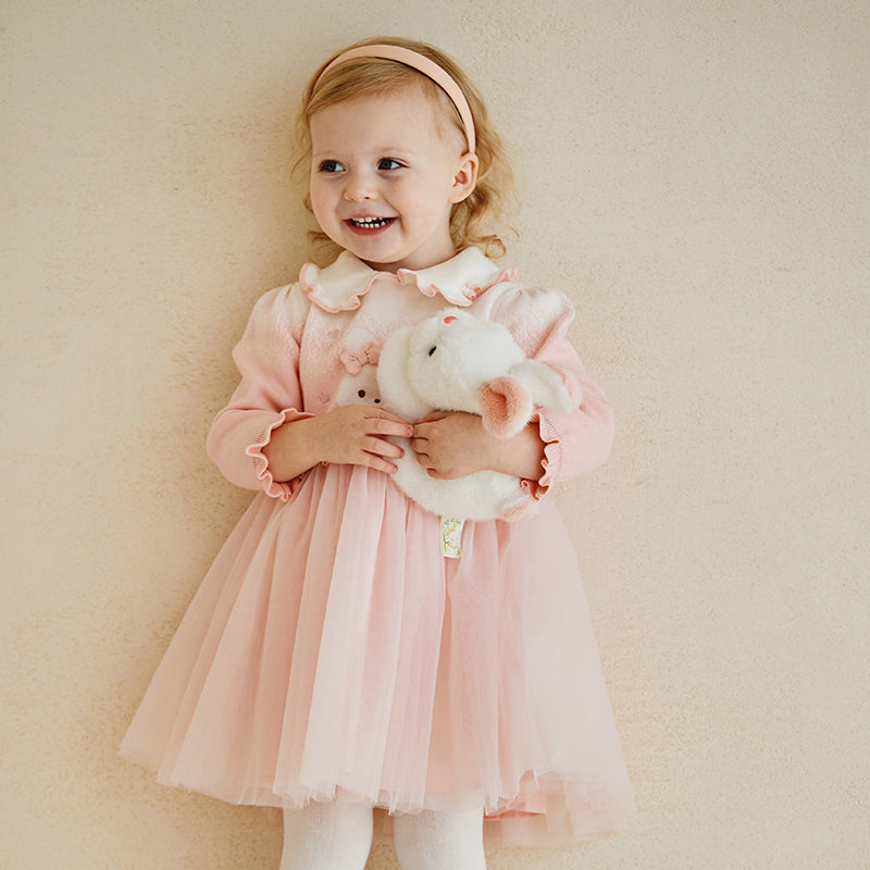 فستان للأطفال بأكمام طويلة من التريكو الوردي مع تنورة من التول، مزين برسمة أرنب لطيف