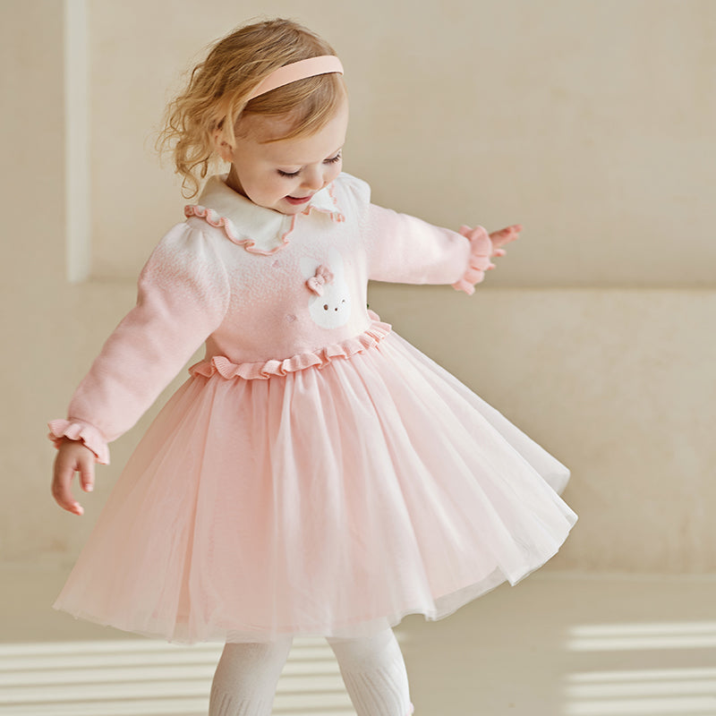 فستان للأطفال بأكمام طويلة من التريكو الوردي مع تنورة من التول، مزين برسمة أرنب لطيف