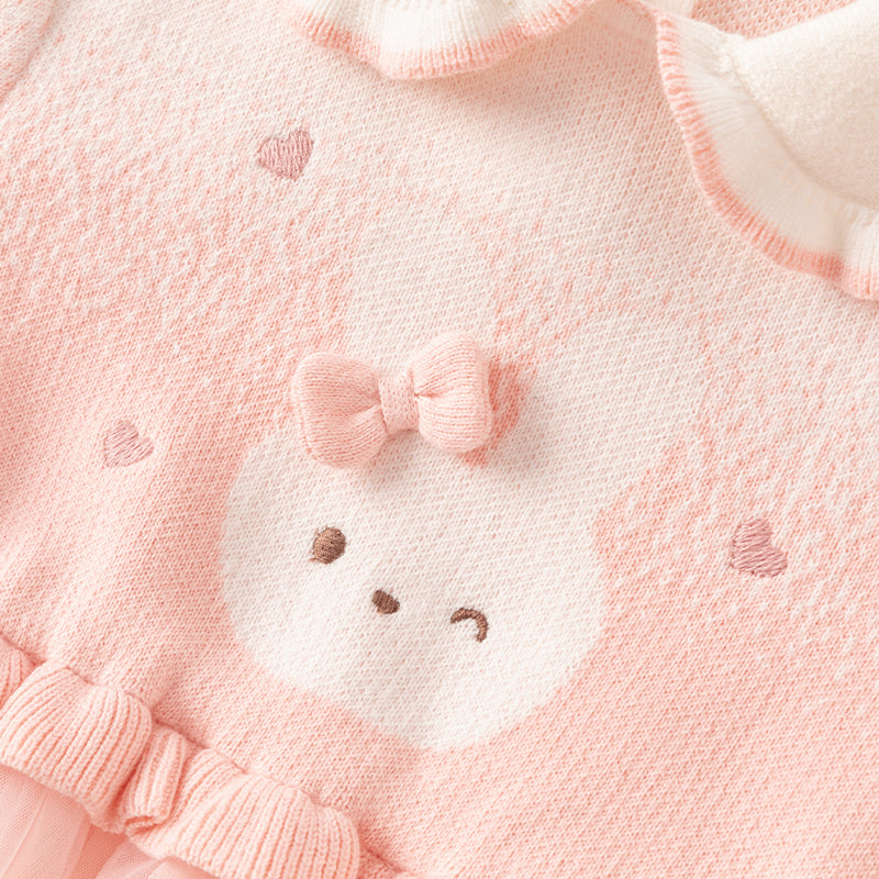 فستان للأطفال بأكمام طويلة من التريكو الوردي مع تنورة من التول، مزين برسمة أرنب لطيف