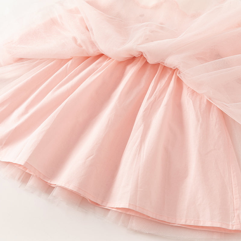 فستان للأطفال بأكمام طويلة من التريكو الوردي مع تنورة من التول، مزين برسمة أرنب لطيف