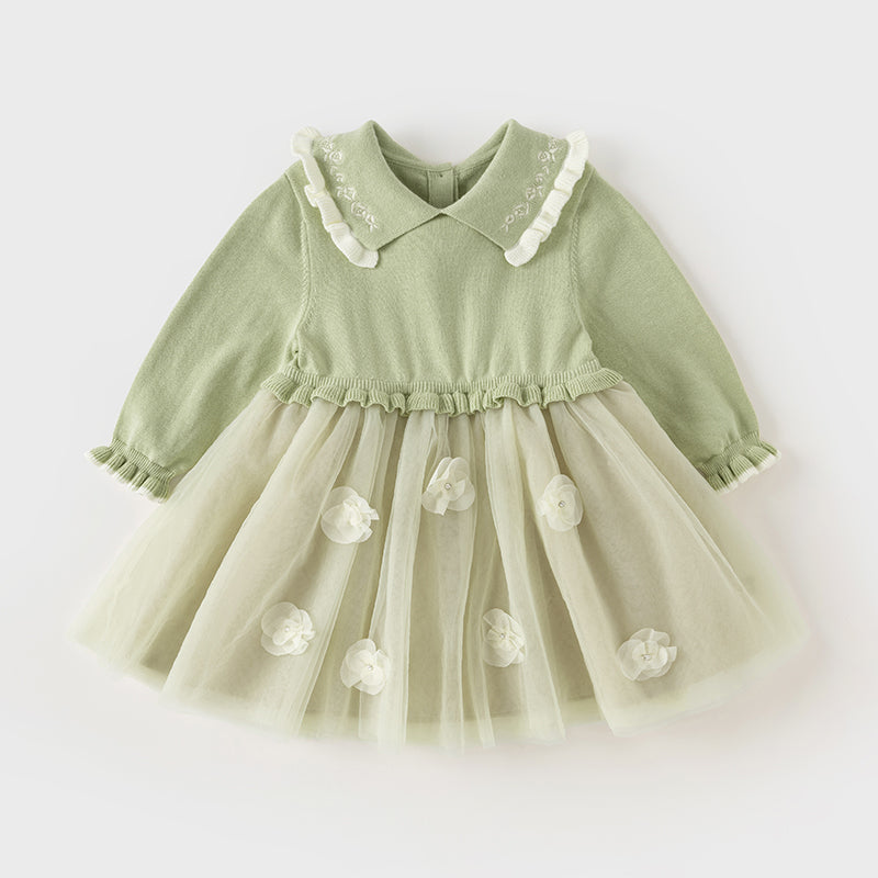 فستان بنات طويل الأكمام من قماش محبوك باللون الأخضر التفاحي مع تنورة تول بأسلوب أميرة، أسلوب أنيق