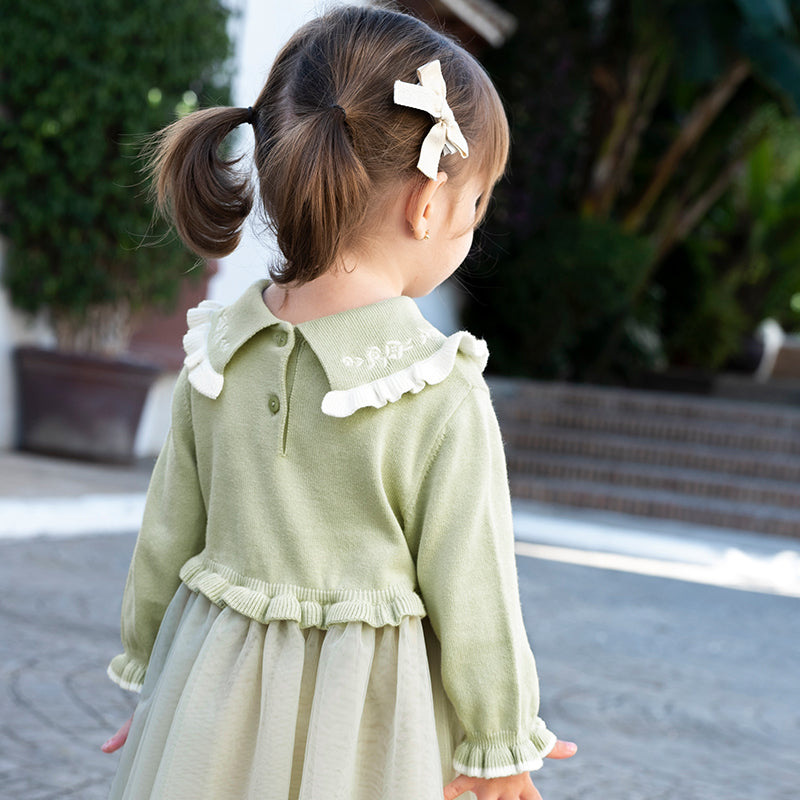 فستان بنات طويل الأكمام من قماش محبوك باللون الأخضر التفاحي مع تنورة تول بأسلوب أميرة، أسلوب أنيق