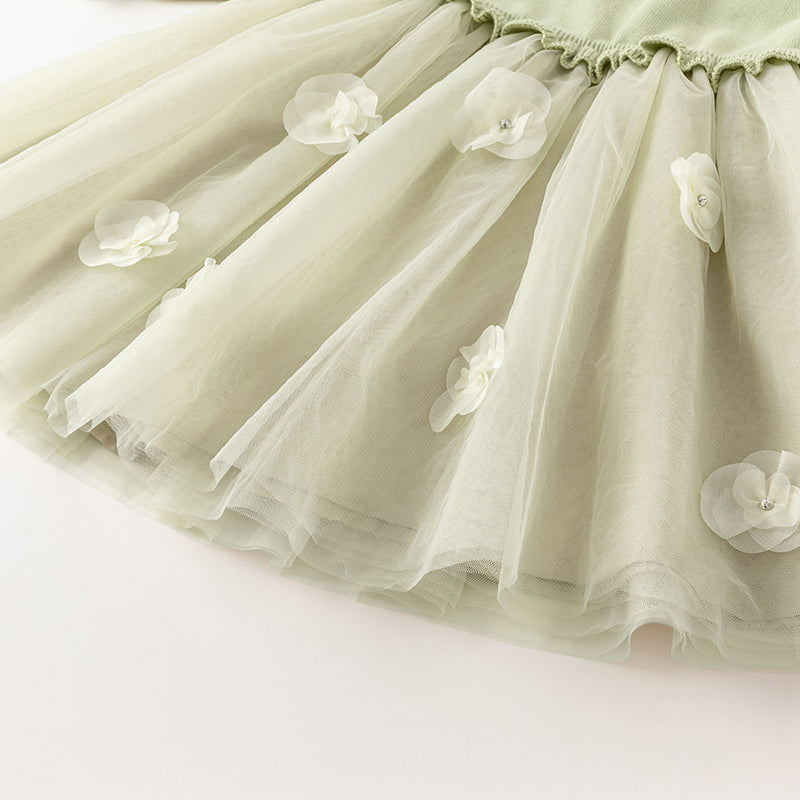 فستان بنات طويل الأكمام من قماش محبوك باللون الأخضر التفاحي مع تنورة تول بأسلوب أميرة، أسلوب أنيق