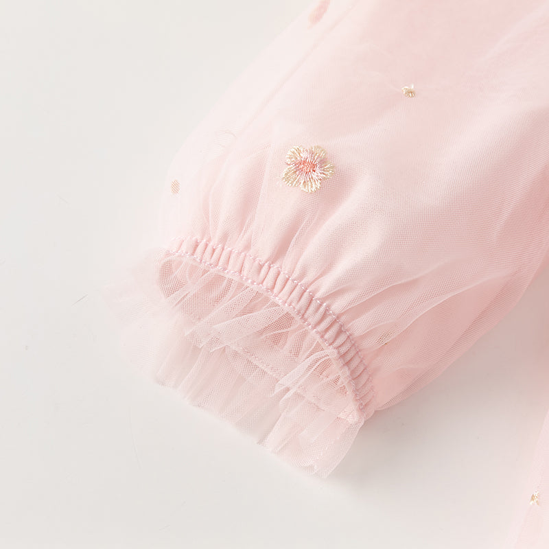 فستان بنات طويل الأكمام من التول باللون الوردي الفاتح بأسلوب أميرة لطيف