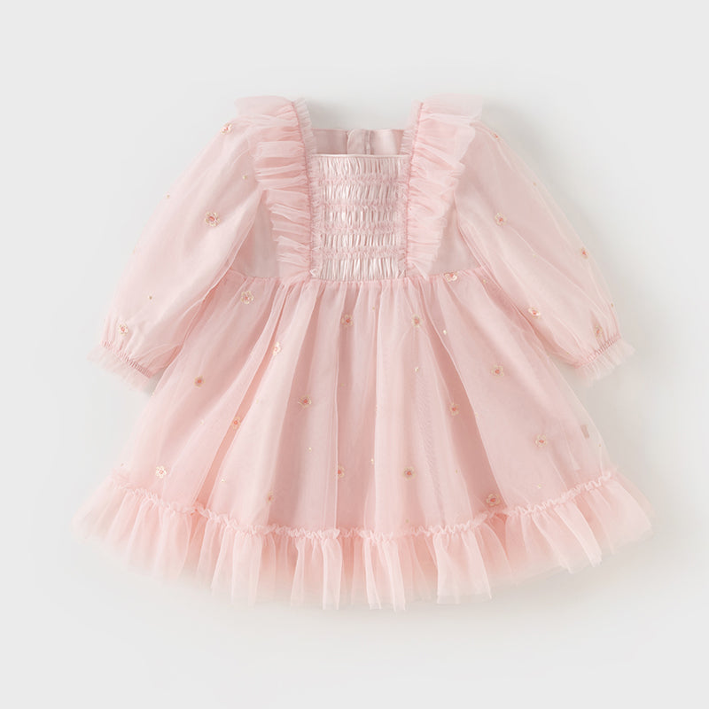 فستان بنات طويل الأكمام من التول باللون الوردي الفاتح بأسلوب أميرة لطيف