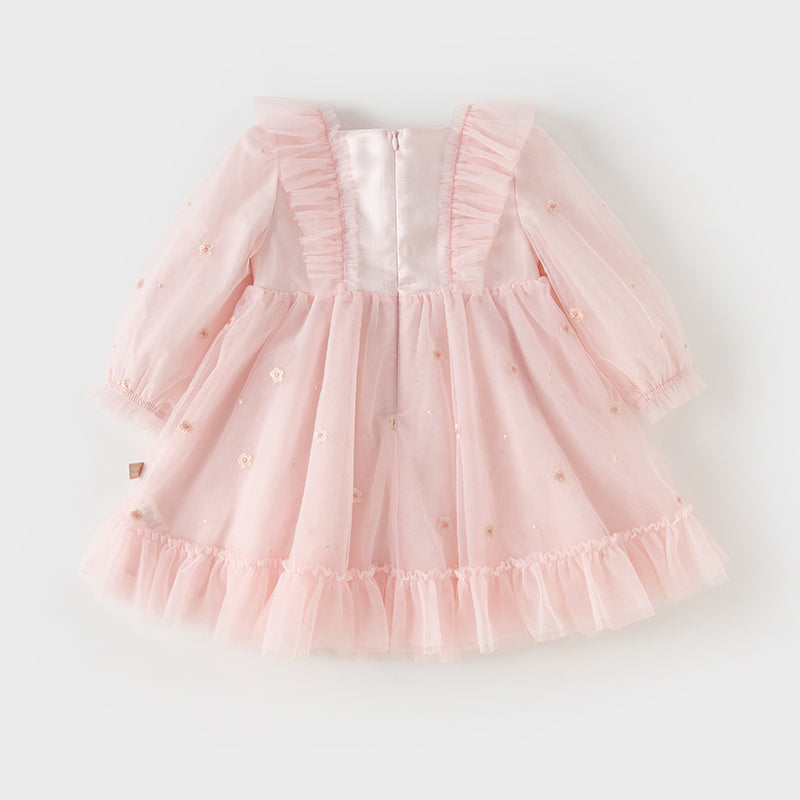 فستان بنات طويل الأكمام من التول باللون الوردي الفاتح بأسلوب أميرة لطيف