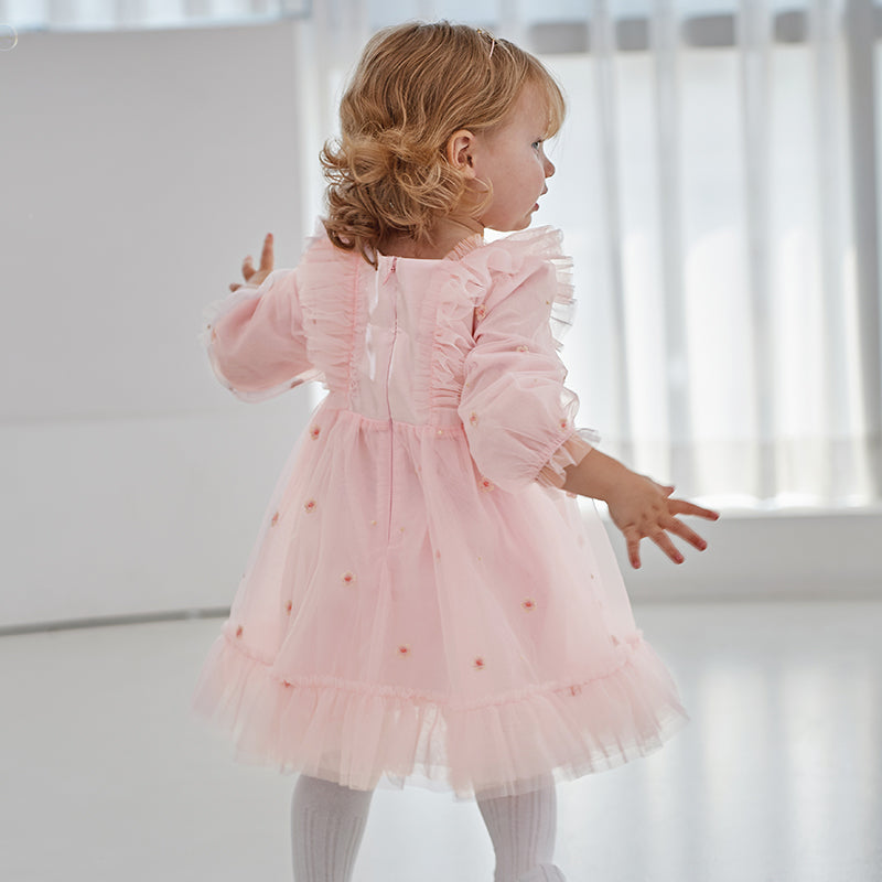 فستان بنات طويل الأكمام من التول باللون الوردي الفاتح بأسلوب أميرة لطيف