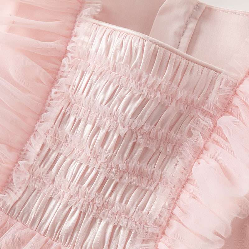 فستان بنات طويل الأكمام من التول باللون الوردي الفاتح بأسلوب أميرة لطيف