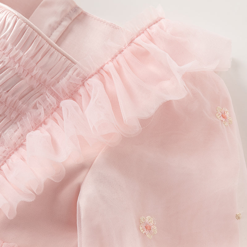 فستان بنات طويل الأكمام من التول باللون الوردي الفاتح بأسلوب أميرة لطيف