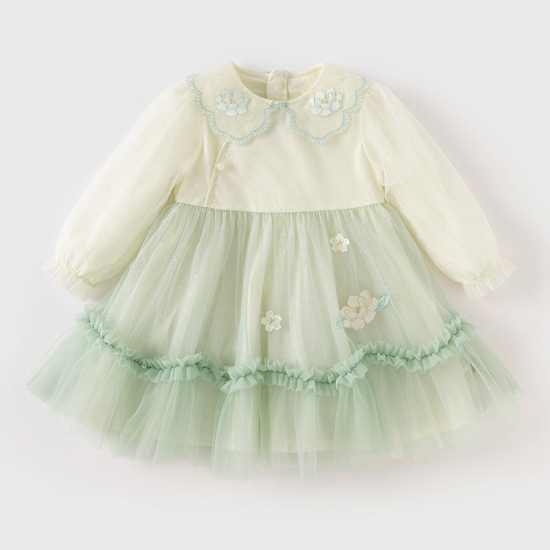 فستان بنات طويل الأكمام من التول باللون الأخضر الفاتح بأسلوب صيني عصري