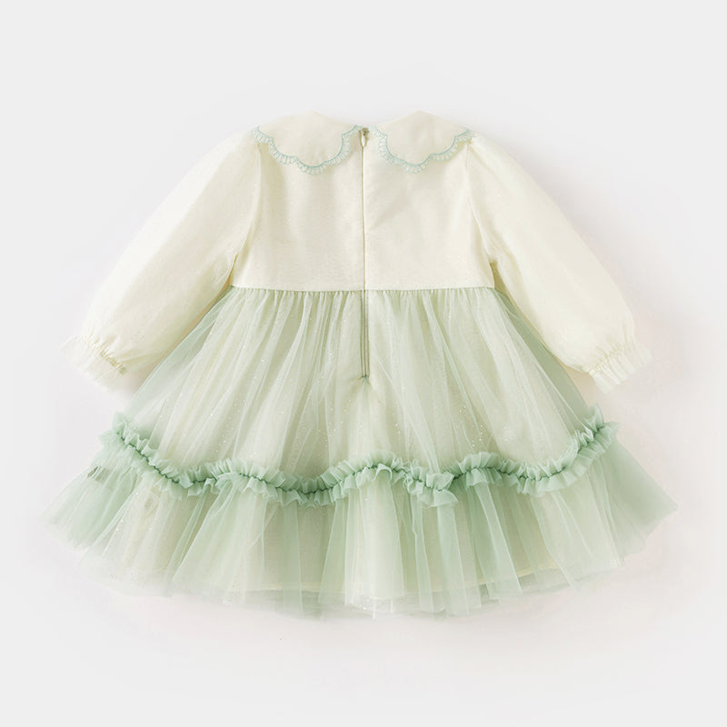 فستان بنات طويل الأكمام من التول باللون الأخضر الفاتح بأسلوب صيني عصري