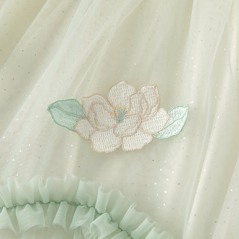 فستان بنات طويل الأكمام من التول باللون الأخضر الفاتح بأسلوب صيني عصري