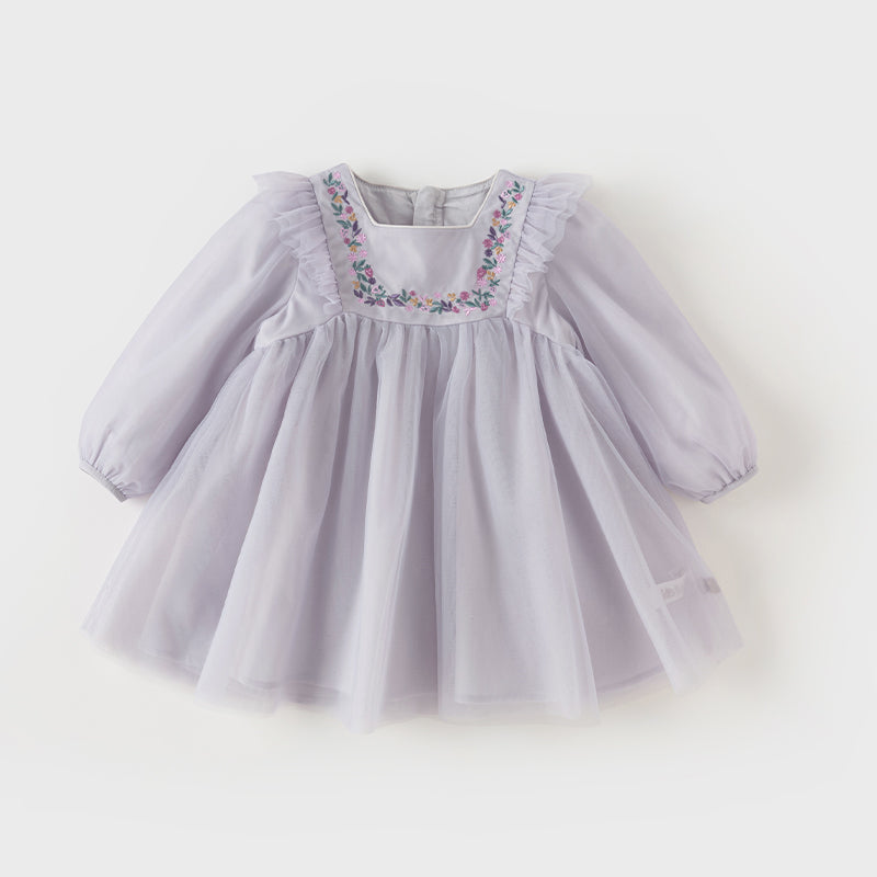 فستان أميرة شبكي للفتيات الصغيرات بكم طويل وياقة مربعة باللون البنفسجي الفاتح لفصلي الربيع والخريف