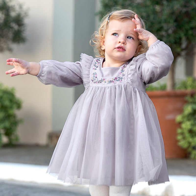 فستان أميرة شبكي للفتيات الصغيرات بكم طويل وياقة مربعة باللون البنفسجي الفاتح لفصلي الربيع والخريف