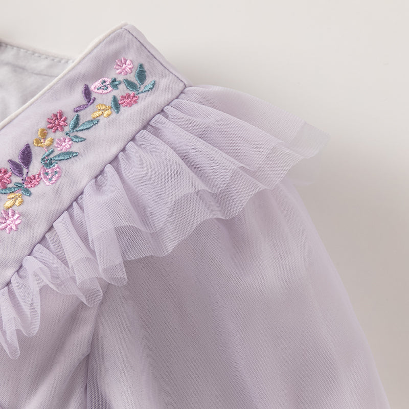 فستان أميرة شبكي للفتيات الصغيرات بكم طويل وياقة مربعة باللون البنفسجي الفاتح لفصلي الربيع والخريف