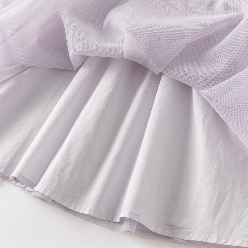 فستان أميرة شبكي للفتيات الصغيرات بكم طويل وياقة مربعة باللون البنفسجي الفاتح لفصلي الربيع والخريف