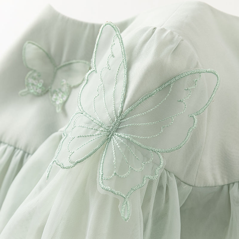 فستان بنات بأكمام طويلة من التول باللون الأخضر المائي بأكمام على شكل فانوس تصميم أميري