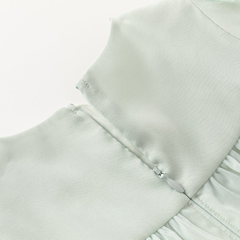 فستان بنات بأكمام طويلة من التول باللون الأخضر المائي بأكمام على شكل فانوس تصميم أميري