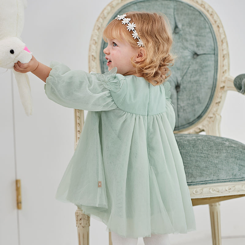 فستان بنات بأكمام طويلة من التول باللون الأخضر المائي بأكمام على شكل فانوس تصميم أميري