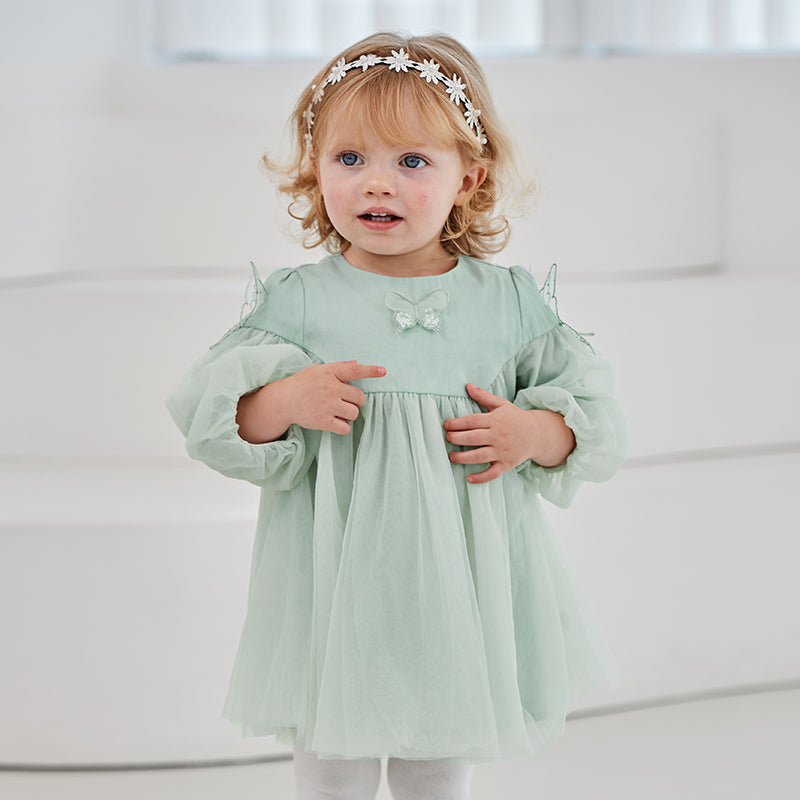 فستان بنات بأكمام طويلة من التول باللون الأخضر المائي بأكمام على شكل فانوس تصميم أميري