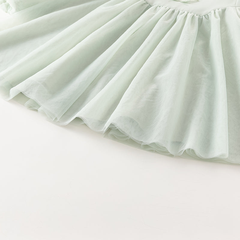 فستان بنات بأكمام طويلة من التول باللون الأخضر المائي بأكمام على شكل فانوس تصميم أميري