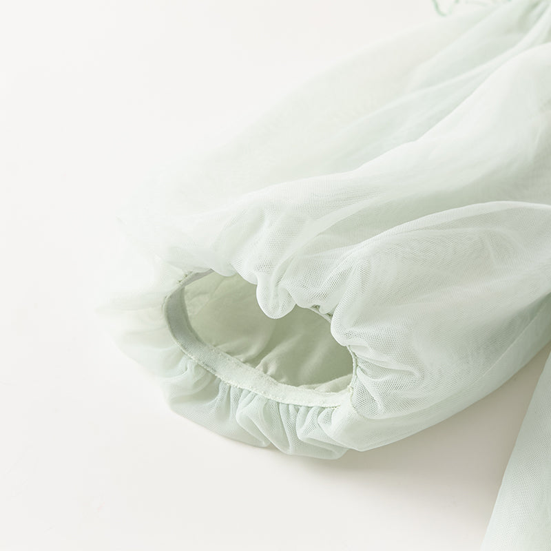 فستان بنات بأكمام طويلة من التول باللون الأخضر المائي بأكمام على شكل فانوس تصميم أميري