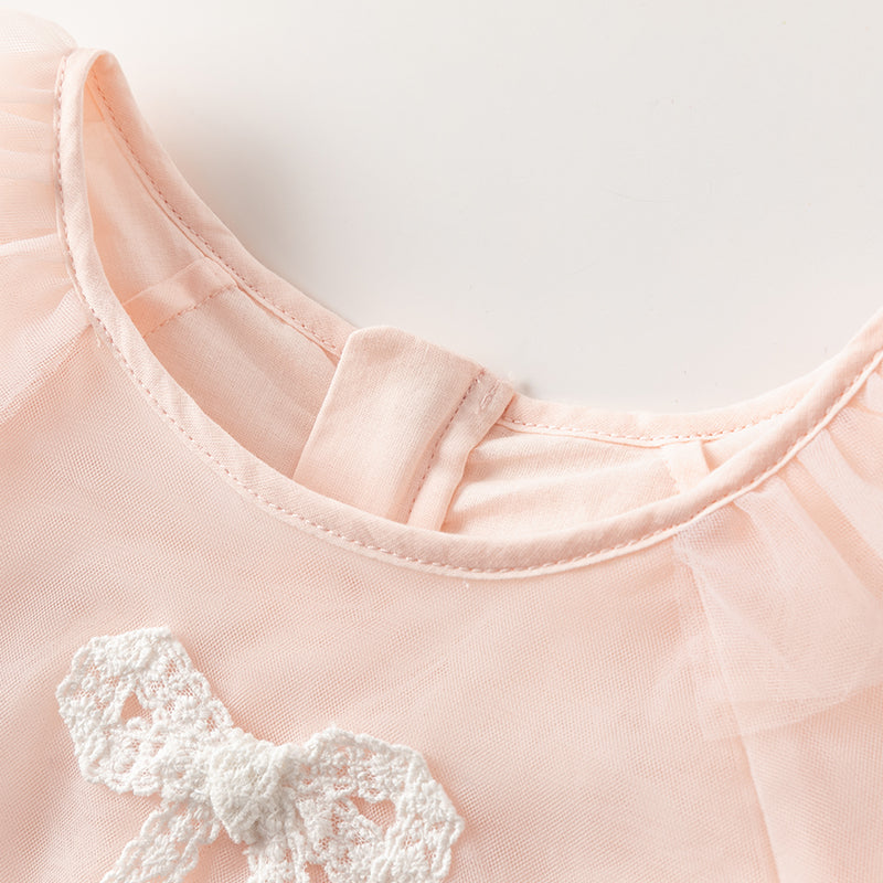 فستان بنات طويل الأكمام من التول باللون الوردي بأسلوب بسيط وناعم