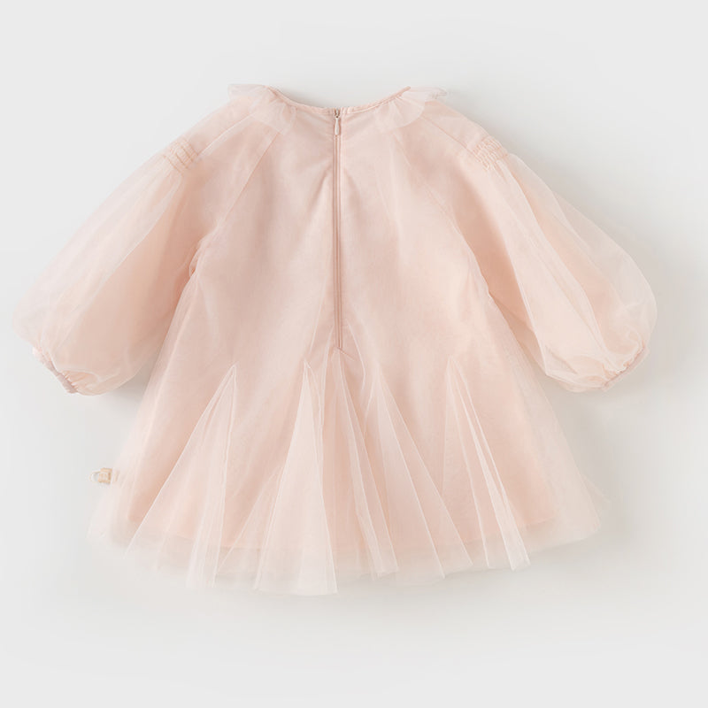 فستان بنات طويل الأكمام من التول باللون الوردي بأسلوب بسيط وناعم