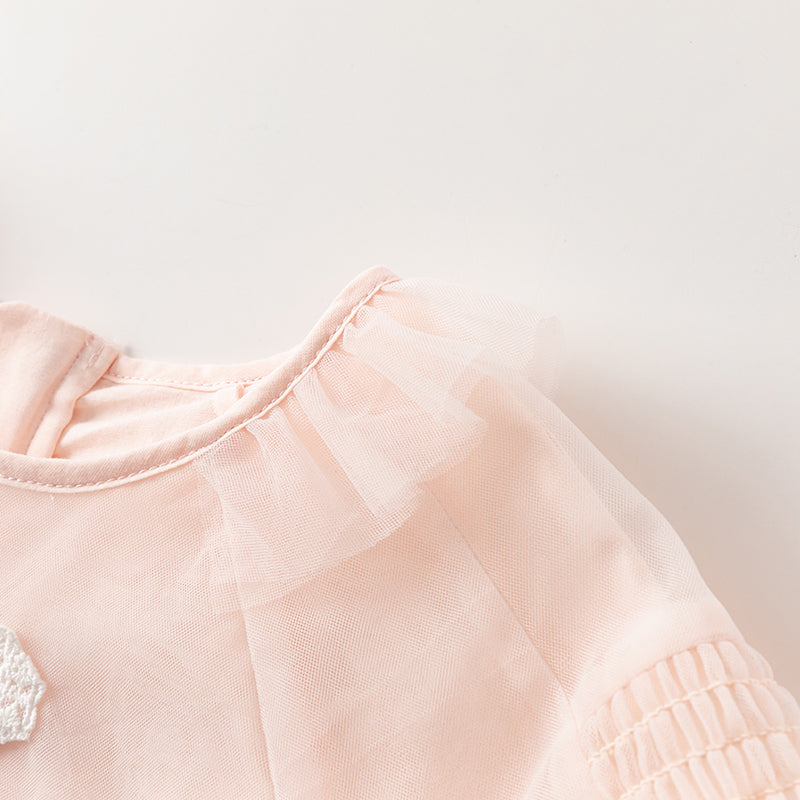 فستان بنات طويل الأكمام من التول باللون الوردي بأسلوب بسيط وناعم