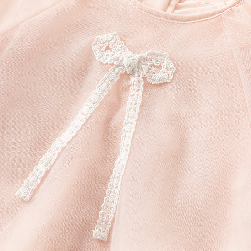 فستان بنات طويل الأكمام من التول باللون الوردي بأسلوب بسيط وناعم