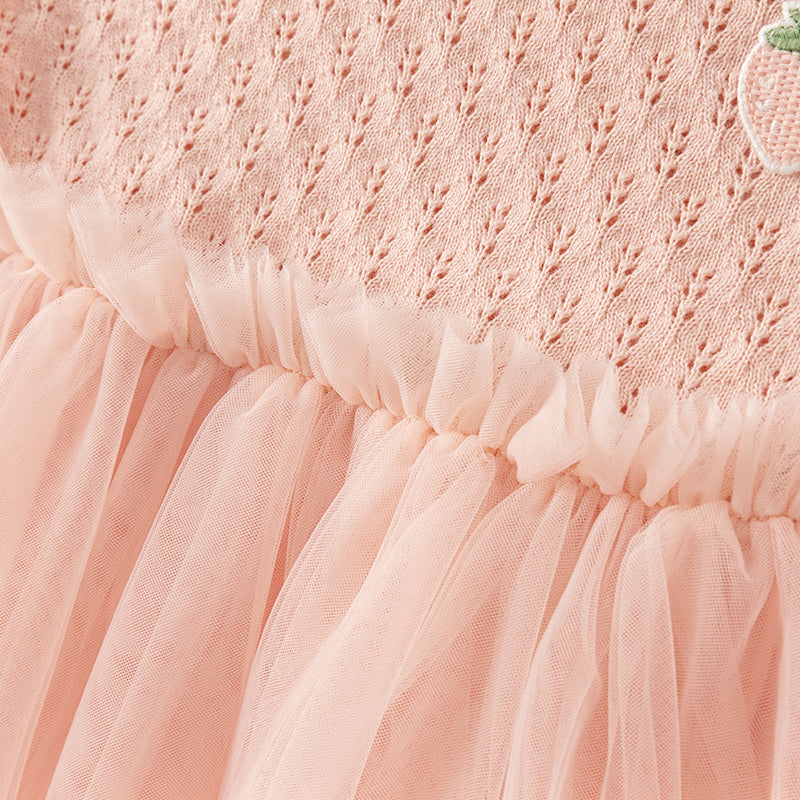 فستان بنات طويل الأكمام باللون الوردي الفاتح مع قماش محبوك وتنورة تول بأسلوب أميرة