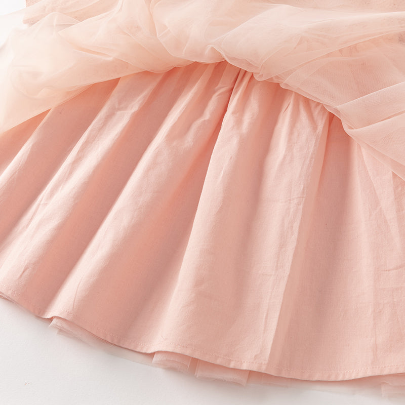 فستان بنات طويل الأكمام باللون الوردي الفاتح مع قماش محبوك وتنورة تول بأسلوب أميرة