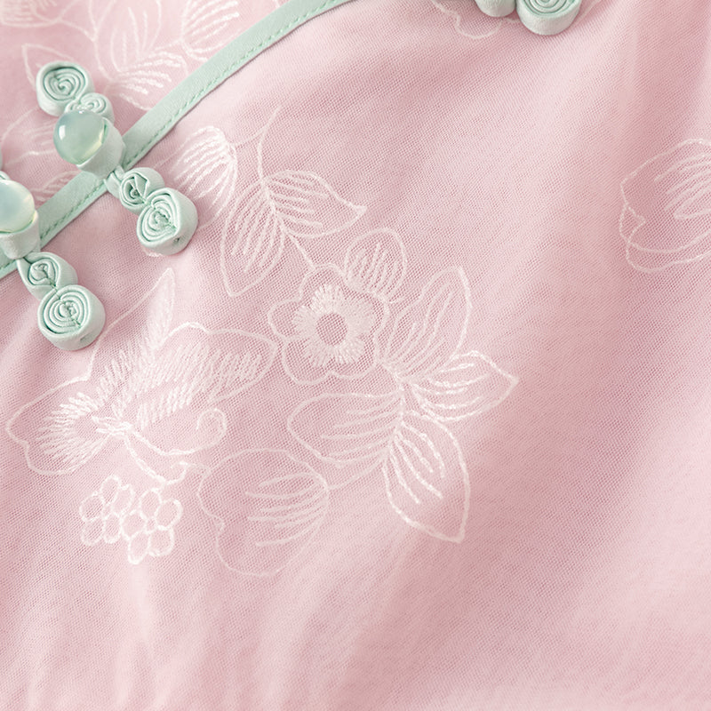 فستان للبنات الصغيرات من التول الوردي بأكمام طويلة بتصميم صيني مع تطريز (يشمل قطعة زينة)