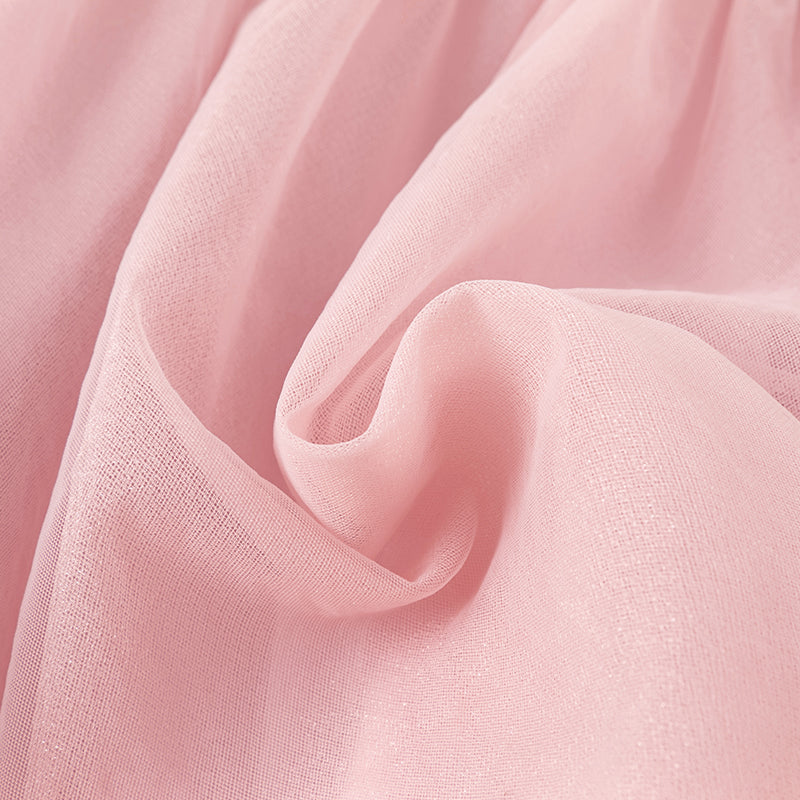 فستان للبنات الصغيرات من التول الوردي بأكمام طويلة بتصميم صيني مع تطريز (يشمل قطعة زينة)