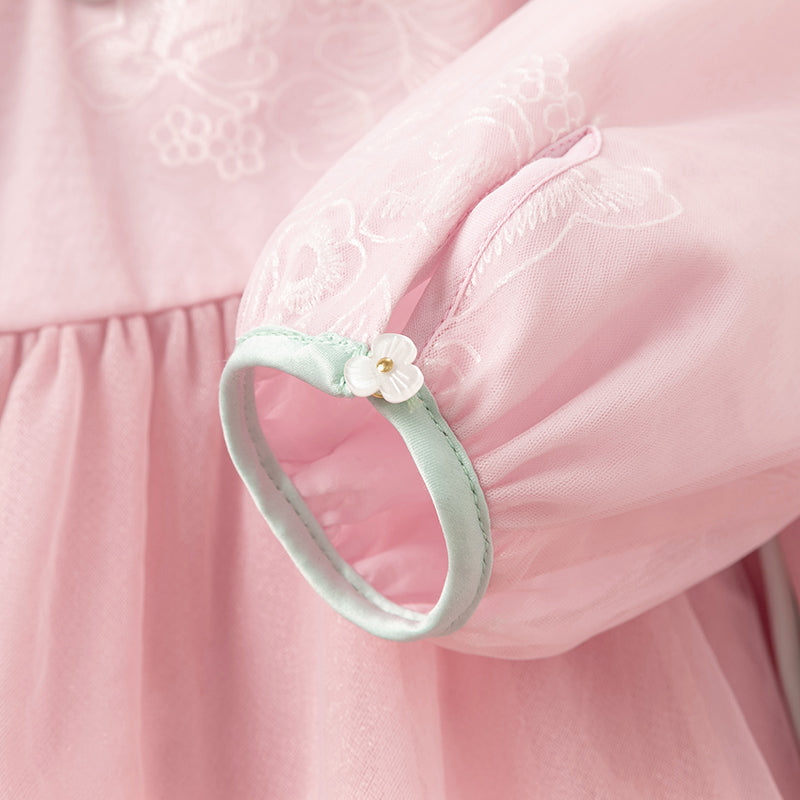 فستان للبنات الصغيرات من التول الوردي بأكمام طويلة بتصميم صيني مع تطريز (يشمل قطعة زينة)