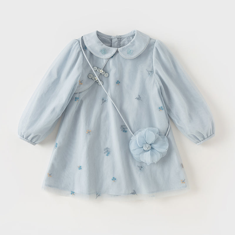 فستان بنات طويل الأكمام من التول باللون الرمادي الأزرق بأسلوب صيني عصري