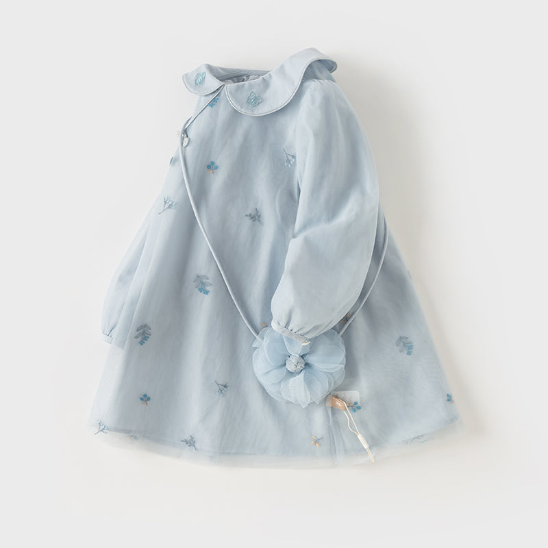 فستان بنات طويل الأكمام من التول باللون الرمادي الأزرق بأسلوب صيني عصري