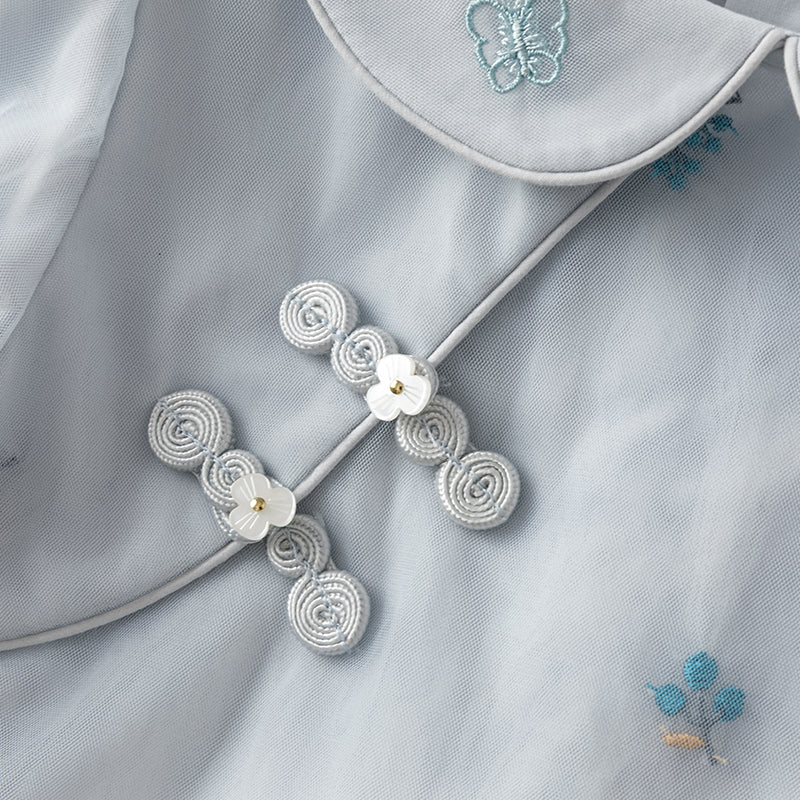 فستان بنات طويل الأكمام من التول باللون الرمادي الأزرق بأسلوب صيني عصري