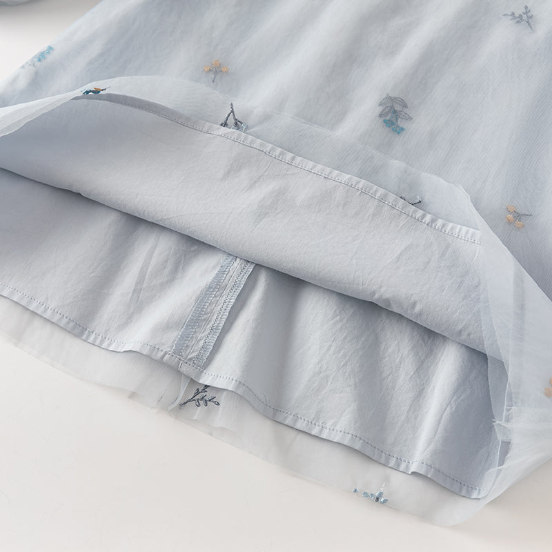 فستان بنات طويل الأكمام من التول باللون الرمادي الأزرق بأسلوب صيني عصري