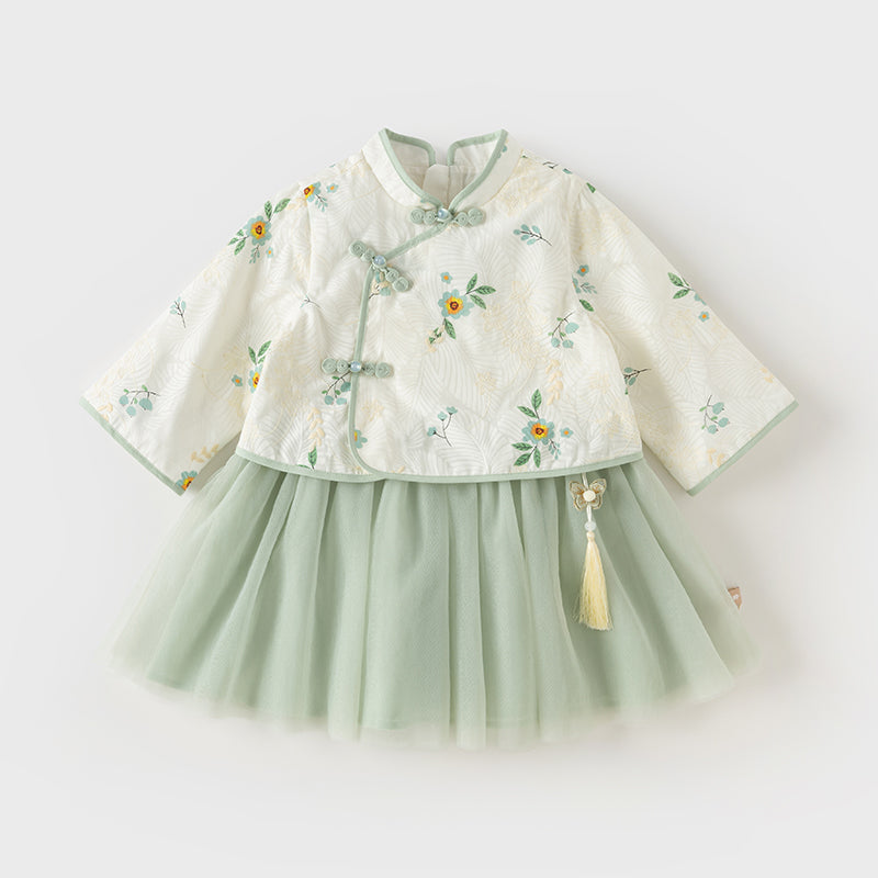 فستان بنات طويل الأكمام من التول باللون الأخضر الرمادي بأسلوب صيني عصري (يشمل زينة تدلي من الخيوط الصينية)