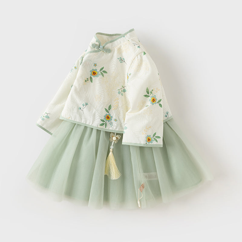 فستان بنات طويل الأكمام من التول باللون الأخضر الرمادي بأسلوب صيني عصري (يشمل زينة تدلي من الخيوط الصينية)